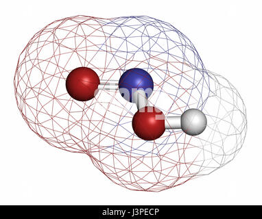 Acido nitrico (HNO2) acido minerale molecola. Gli atomi sono rappresentati come sfere con i tradizionali colori: idrogeno (bianco), Ossigeno (rosso), azoto ( Foto Stock