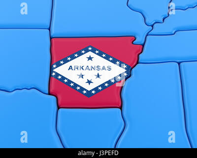 Mappa di Arkansas State con bandiera. Immagine con percorso di clipping. Foto Stock