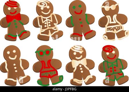Gingerbread ManSet di otto uomini di panpepato cookie in quattro stili, ciascuna decorata in stile nel colore e nella pianura la glassa. Quattro stili sono nuotare Dude, Bowtie Dude, Suit Dude e Classic. Illustrazione Vettoriale