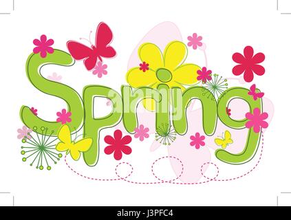 Spring Text-Abstract Concept collage di testi disegnati a mano con fiori e farfalle Illustrazione Vettoriale