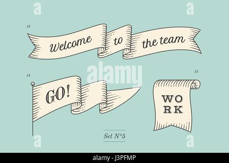 Set di vecchio nastro vintage striscioni e disegno in stile di incisione Illustrazione Vettoriale