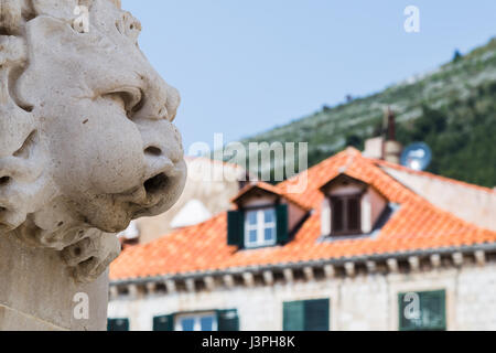 Una faccia come la scultura foto contro il calcare edifici sul Stradun a Dubrovnik. Foto Stock