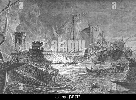 La battaglia di Azio è stata decisiva per il confronto della guerra finale della Repubblica Romana, un impegno navale tra Ottaviano e le forze combinate di Marco Antonio e Cleopatra il 2 settembre 31 BC, sul mar Jonio vicino al promontorio di Azio, nella provincia romana di Epirus Vetus in Grecia. Ottaviano la flotta è stata comandata da Marcus Vipsanius Agrippa, mentre Antony la flotta è stata supportata dal potere della regina Cleopatra di Egitto tolemaico. Immagine reperiti da Cassell illustrato della storia universale (1893). Foto Stock