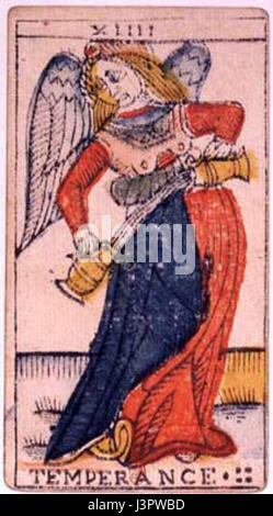 La carta Trump Jean Dodal Tarot 14, nota anche come Temperance, è uno dei maggiori arcani del mazzo Tarocchi. Presenta una figura che mescola acqua tra due tazze, simboleggiando equilibrio e moderazione. Creata da Jean Dodal, questa carta storica è conosciuta per la sua vivace opera d'arte e lo stile distintivo del XVIII secolo, rimanendo una rappresentazione significativa nel simbolismo dei Tarocchi. Foto Stock