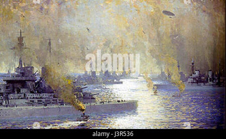 "La flotta tedesca dopo la resa 1918" di James Paterson descrive le conseguenze della prima guerra mondiale, concentrandosi sulla marina tedesca dopo la sua resa. L'opera d'arte cattura l'atmosfera tesa e il significato storico dell'evento. Foto Stock