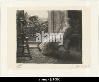 Jonge vrouw bordurend bij het aprire raam (1887) porta Ferdinando Oldewelt Foto Stock