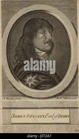 Questa è un'incisione di James Stanley, il conte di Derby, evidenziando la sua somiglianza e il suo significato nell'aristocrazia britannica durante il XVII secolo. Foto Stock