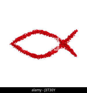 Ichthys o pesce simbolo della fede cristiana fatta con colore rosso in polvere, isolato su uno sfondo bianco Foto Stock