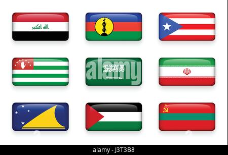 Set di bandiere del mondo rettangolo pulsanti ( l Iraq . Nuova Caledonia . Puerto Rico . Abkhazia . Arabia Saudita . Iran . Tokelau . Palestina . Transnistria ) Illustrazione Vettoriale