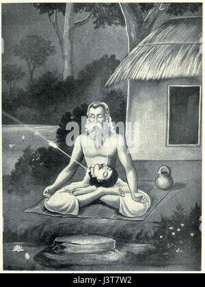 Questo momento è una scena fondamentale del poema epico indiano Mahabharata, dove la testa di Jayadratha, dopo essere stata tagliata in battaglia, cade in grembo di suo padre. L'immagine rappresenta un momento significativo di dolore e conseguenze nella narrazione dell'epica. Foto Stock