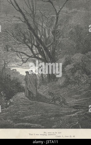 Questi versi di *Inferno* (canto 1) di Dante Alighieri, descrivono l'incontro del poeta con Virgilio, il poeta romano, che lo guida attraverso l'Inferno. Queste linee enfatizzano il concetto di intervento e guida divina, centrale al viaggio nella *Divina Commedia*. Foto Stock