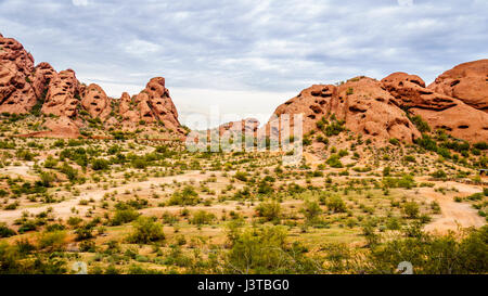 La pietra arenaria rossa buttes di Papago Park, con le sue numerose grotte e crepacci causati da erosione sotto il cielo nuvoloso, nella città di Tempe, Arizona negli Stati Uniti Foto Stock