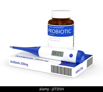 3D render di antibiotico e pillole di probiotici con termometro isolate su sfondo bianco Foto Stock