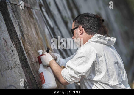 La pulizia 'Trionfa e lamenti,' un monumentale dipinto murale di William Kentridge, lungo la riva destra del fiume Tevere a Roma raffigurante una processione di più di 80 figure dalla mitologia romana. Dove: Roma, Lazio, Italia Quando: 06 Apr 2017 Credit: IPA/WENN.com * * disponibile solo per la pubblicazione in UK, USA, Germania, Austria, Svizzera** Foto Stock