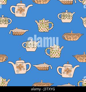 Vettore di astratta doodle tè pentola pattern senza giunture Illustrazione Vettoriale