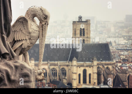 Vista dalla Torre della cattedrale di Notre-dame de paris su st-GERVAIS-et-st-protais chiesa di Parigi. statua di Stork. Francia Foto Stock