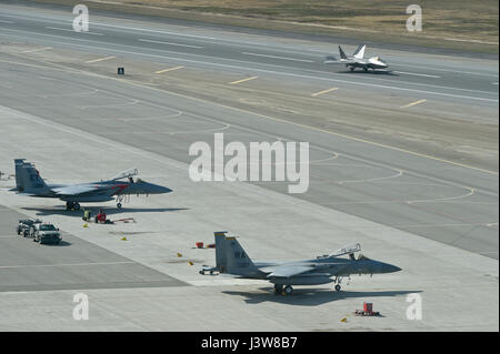 Un F-22 Raptor taxi dopo lo sbarco a la Flightline a base comune Elmendorf-Richardson, Alaska, durante l'esercizio bordo settentrionale 17, 3 maggio 2017. Il bordo settentrionale è l'Alaska premier formazione congiunta esercizio progettato per mettere in pratica le operazioni, le tecniche e le procedure nonché migliorare l'interoperabilità tra i servizi. Migliaia di partecipanti provenienti da tutti i servizi - aviatori, soldati, marinai, Marine e le coste guardie da active duty, Riserva e Guardia Nazionale di unità - sono coinvolti. (U.S. Air Force foto di Airman 1. Classe Javier Alvarez) Foto Stock