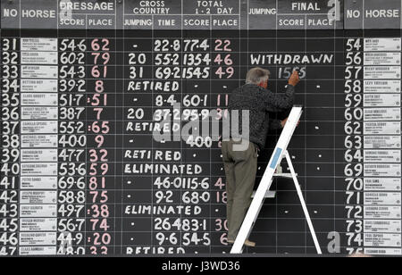 Scoreboard scrittore Gerald Kington, dipinge i punteggi dalle show jumping sul tabellone principale durante il giorno cinque del 2017 Badminton Horse Trials. Stampa foto di associazione. Picture Data: domenica 7 maggio 2017. Vedere PA storia Badminton equestre. Foto di credito dovrebbe leggere: Andrew Matthews/PA FILO Foto Stock