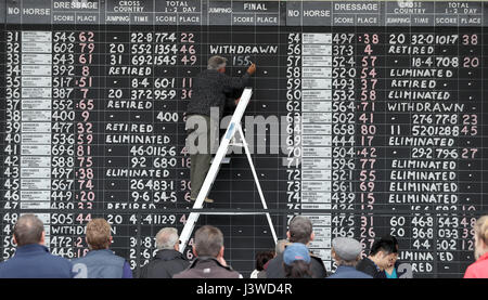 Scoreboard scrittore Gerald Kington, dipinge i punteggi dalle show jumping sul tabellone principale durante il giorno cinque del 2017 Badminton Horse Trials. Foto Stock