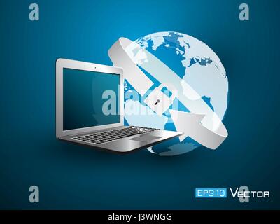 Dati di sicurezza design, illustrazione vettoriale EPS10. grafici tra cui sfera con mappa del mondo, computer laptop, freccia , serratura e di colore blu. Utilizzate un clippin Illustrazione Vettoriale