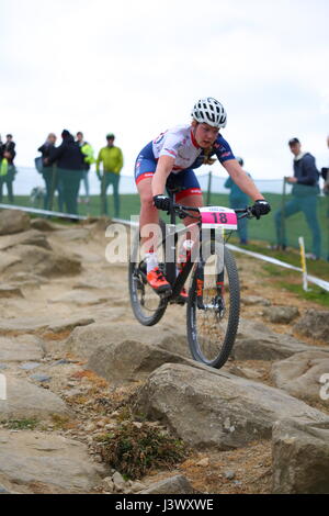 Hadleigh, Essex. Regno Unito. Il 7 maggio, 2017. La gara è la più grande dell'anno per il Regno Unito per cross-country e con hors categorie lo stato significato massima punti UCI sono disponibili, è una prospettiva eccitante per il mercato nazionale e di piloti internazionali simili. Per le élite di uomini e donne, Hadleigh Park International potranno svolgere un ruolo fondamentale nella preparazione di piloti che avrà inizio a Nove Mesto na Morave nella Repubblica ceca di kick start Coppa del Mondo campagna appena due settimane dopo. Penelope Barritt/Alamy Live News Foto Stock