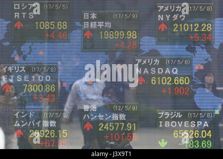 Tokyo, Giappone. 9 maggio 2017. Un magazzino elettronico di bordo visualizza il Giappone Nikkei media Stock nei primi mesi di negoziazione il 9 maggio 2017, Tokyo, Giappone. La borsa giapponese media è scesa 18.62 punti o 0,09% a 19,872.25 sui suoi primi quindici minuti all'inizio Martedì trading, dopo la sua chiusura alta sulla Francia elezioni presidenziali risultato il lunedì. Credito: Rodrigo Reyes Marin/AFLO/Alamy Live News Foto Stock