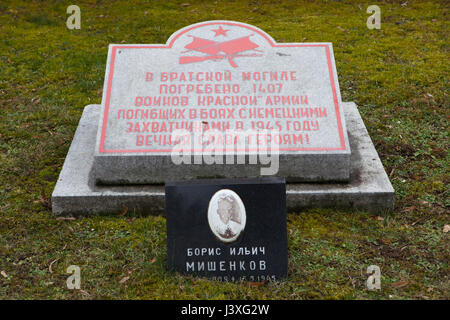 Tomba di massa di 1.407 Armata Rossa soldati caduti durante la Seconda Guerra Mondiale sul terreno della guerra sovietica Memorial presso il cimitero centrale di Brno, in Repubblica Ceca. Gravemente danneggiata fotografia di militare sovietico officer Boris Mishenkov installato dai suoi parenti dopo la guerra è visibile in primo piano. Il tenente Boris Mishenkov è nato il 24 luglio 1909, servita nell'Armata Rossa durante la II Guerra Mondiale e morì di ferite all'età 35 su 13 Maggio, 1945, a Brno in Moravia del Sud, della Cecoslovacchia. Foto Stock