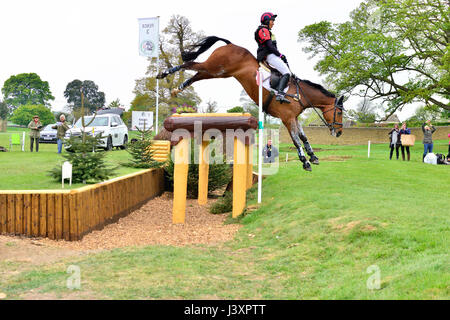 Spettacolare caduta alla recinzione 3,Badminton Horse Trials 2017,Topwood Beau & cavaliere inglese, Emily Gilruth prendendo un rotolamento e ricoverato in ospedale a causa di lesioni al capo Foto Stock