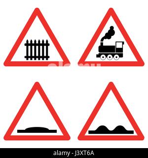 Segnaletica stradale vettore impostato su sfondo bianco, passaggio a livello ferroviario in anticipo, dosso, strada sconnessa simboli nel triangolo rosso. Vettore Illustrazione Vettoriale