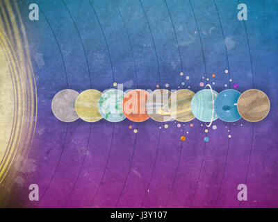Sistema solare - pianeti, la cometa, satellite dei pianeti a trama piatta illustrazione rétro Foto Stock
