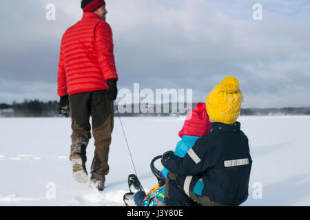 Padre figli di trazione lungo sulla slitta in paesaggi innevati, vista posteriore Foto Stock