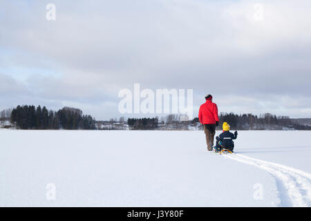 Padre figli di trazione lungo sulla slitta in paesaggi innevati, vista posteriore Foto Stock