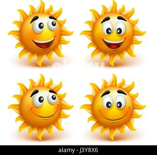 Set di vettore del sole estivo volti felici mostrando grande sorriso sul loro viso Sun elementi carattere isolato in uno sfondo bianco. Illustrazione Vettoriale. Illustrazione Vettoriale
