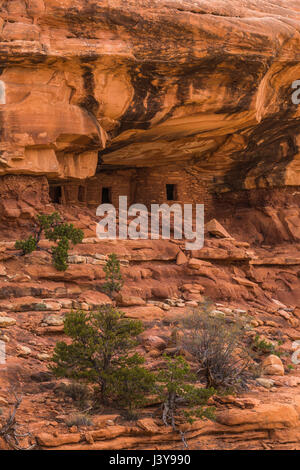 Caduto rovina del tetto, con la sua drammatica evidenza ancestrale di abitazione dei Pueblo, porta le orecchie del monumento nazionale, Southern Utah, Stati Uniti d'America Foto Stock