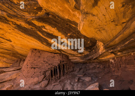 Ancestrale edificio dei Pueblo rovina che mostra l'uso di jacal tecniche di costruzione in strada Canyon in porta le orecchie del monumento nazionale, Southern Utah, Stati Uniti d'America Foto Stock