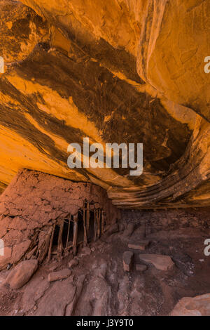 Ancestrale edificio dei Pueblo rovina che mostra l'uso di jacal tecniche di costruzione in strada Canyon in porta le orecchie del monumento nazionale, Southern Utah, Stati Uniti d'America Foto Stock