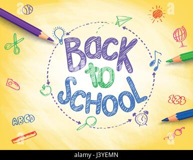 Si torna a scuola il titolo di vettore scritto da un colorato matite o pastelli con scuola di disegno degli elementi nel disegno a trama sfondo giallo. Illustrazione Vettoriale