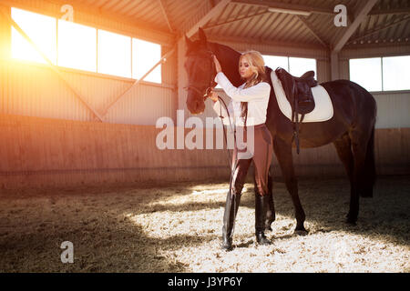 Bellissima ed elegante ragazza bionda sta in piedi vicino al suo cavallo nero medicazione di concorrenza uniforme camicetta bianca maglietta e pantaloni marrone. Piscina portraite in Foto Stock