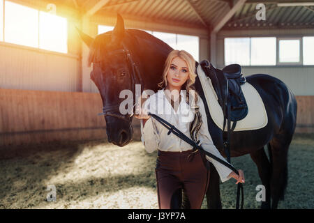 Bellissima ed elegante ragazza bionda sta in piedi vicino al suo cavallo nero medicazione di concorrenza uniforme camicetta bianca maglietta e pantaloni marrone. Piscina portraite in Foto Stock