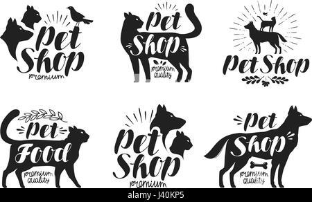 Pet Shop, set di etichette. Animali, cane, gatto, Parrot simbolo o logo. Lettering illustrazione vettoriale Illustrazione Vettoriale