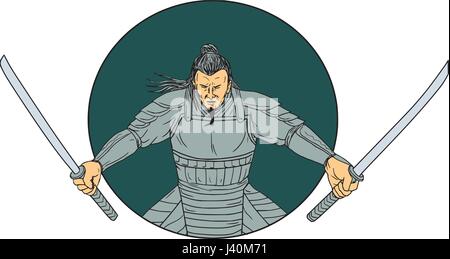 Disegno stile sketch illustrazione di un Samurai Warrior armato con due spade visto dalla serie anteriore all'interno ovale sul background isolato. Illustrazione Vettoriale