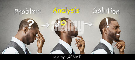 Vista laterale del profilo testa di sequenza scatti riflessivo, pensando, trovando soluzione giovane con meccanismo ad ingranaggio, domanda, segno esclamativo illustrazione è Foto Stock