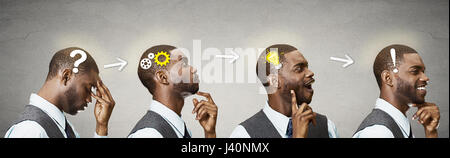 Intelligenza emotiva. Vista laterale della sequenza headhots uomo riflessivo, pensando, trovando soluzione, meccanismo di ingranaggio, domanda, esclamazione, lampadina isola Foto Stock