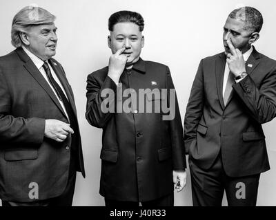 Presidente Donald Trump J, il Presidente Barack Obama e il leader supremo della Corea del nord Kim Jong-Un lookalikes soddisfare per un servizio fotografico di Hong Kong. Foto Stock