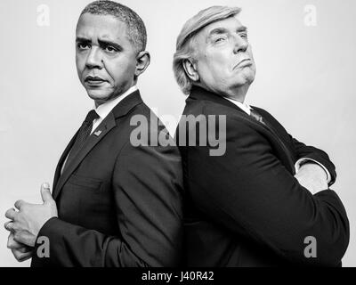 Presidente Donald Trump J e il Presidente Obama lookalikes soddisfare per uno studio di sparare a Hong Kong. Foto Stock