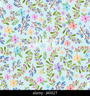 Senza giunture di ramoscelli di color pastello e floreali disegno ad acquerello su fondo azzurro Foto Stock