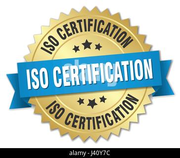 Certificazione ISO round isolato badge oro Illustrazione Vettoriale
