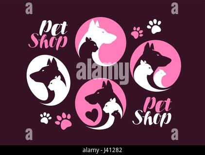 Pet Shop, set di etichette. Cane, gatto, Parrot, icona di animale o di un logo. Illustrazione Vettoriale Illustrazione Vettoriale