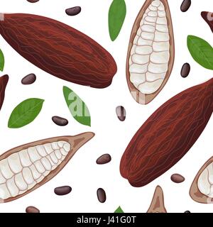 Fresche e mature di frutta cacao seamless pattern vettore. Pod di cacao le foglie e i fagioli. Colore del cioccolato Illustrazione Vettoriale