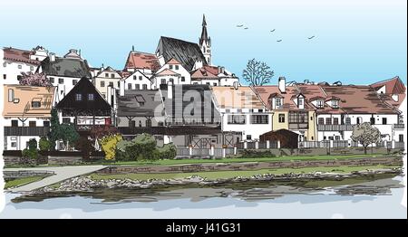 Vettore colorati vista panoramica di Cesky Krumlov città in Repubblica Ceca con tetti, case e un laghetto del disegno a mano illustrazione Illustrazione Vettoriale